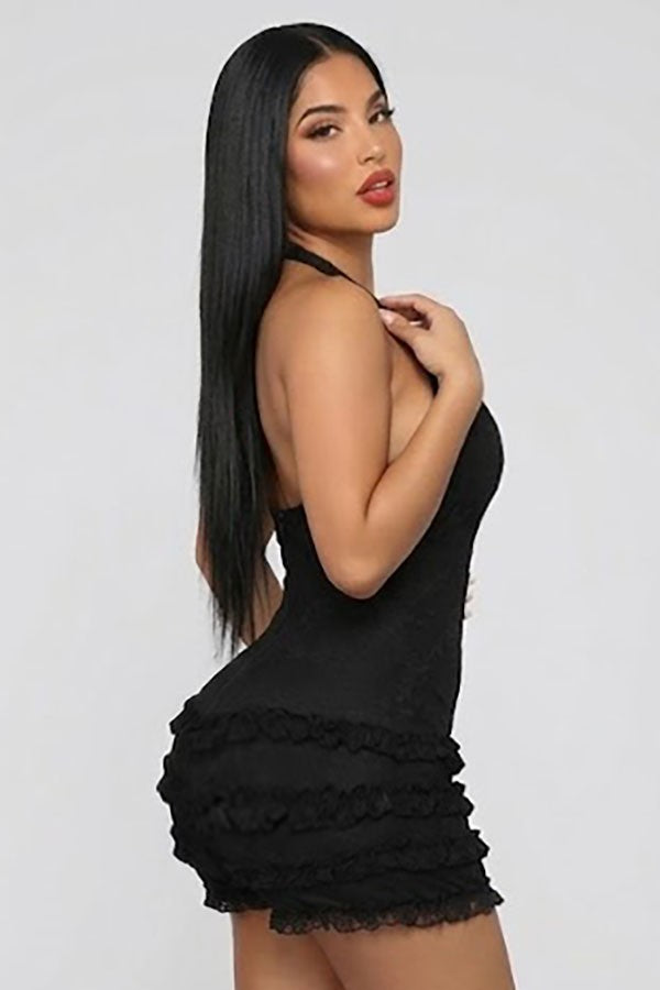Women's black shell trim halter lace ruffle romper - photo 2