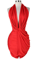 Women's red shimmer halter plunge ruched mini dress - photo 4