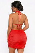 Women's red shimmer halter plunge ruched mini dress - photo 3