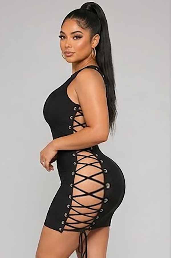 Women's black keyhole side lace-up mini dress - side