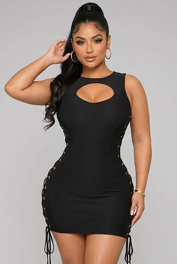 Women's black keyhole side lace-up mini dress - front