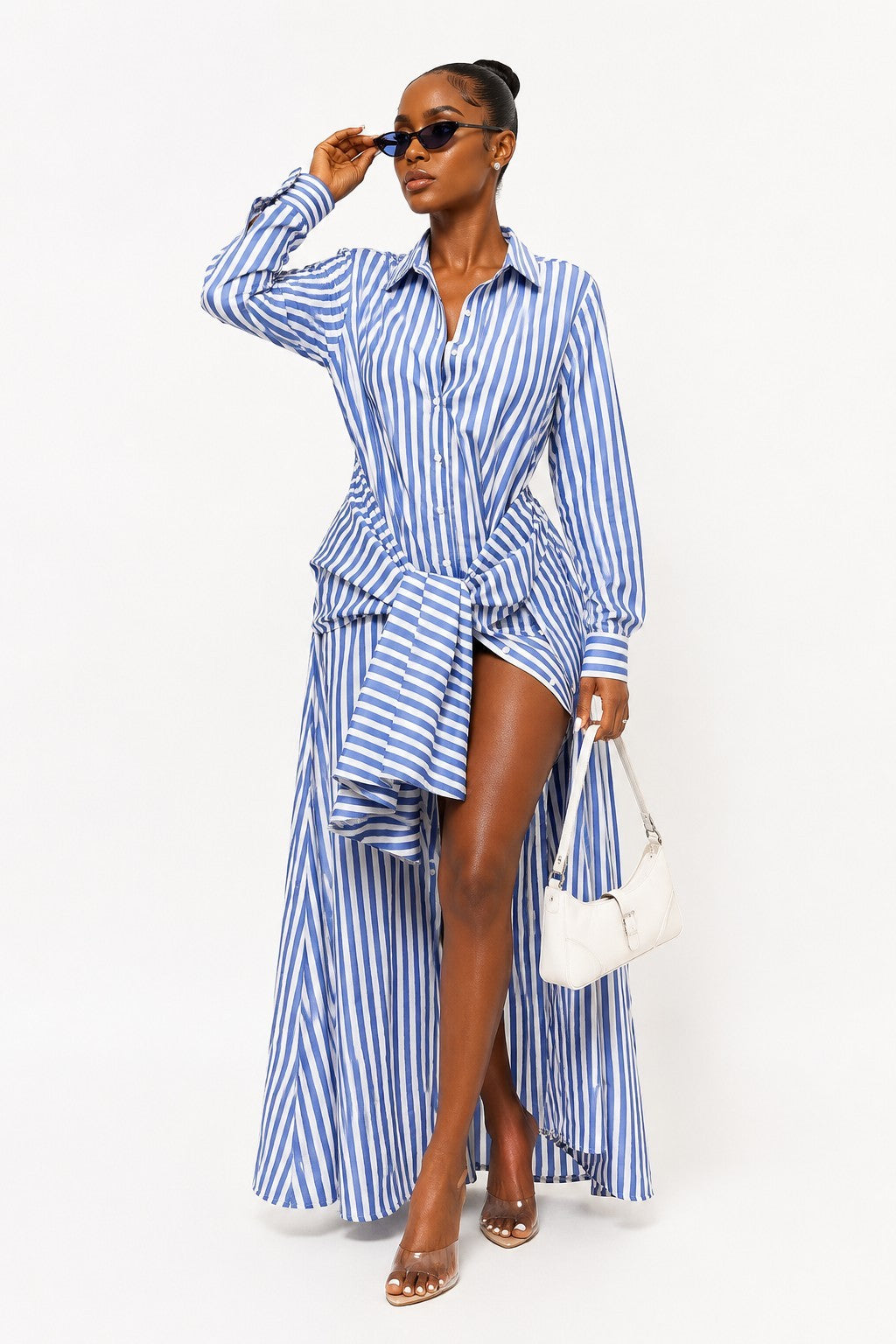 Women's pinstripe shirt tie waist maxi dress