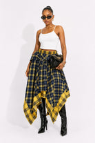 Women's navy and yellow color block plaid midi skirt