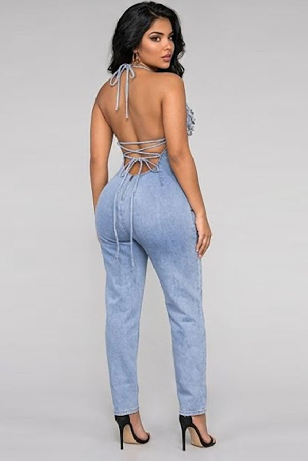 Women's Crystal Halter Plunge Light Wash Denim Jumpsuit - photo 3