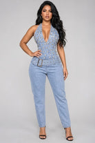 Women's Crystal Halter Plunge Light Wash Denim Jumpsuit