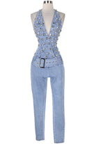 Women's Crystal Halter Plunge Light Wash Denim Jumpsuit - photo 4