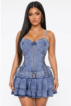 Women's Lace-Up Corset Tiered Ruffle Denim Mini Dress