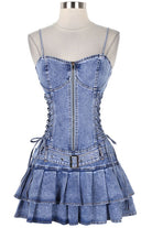 Women's Lace-Up Corset Tiered Ruffle Denim Mini Dress - photo 4