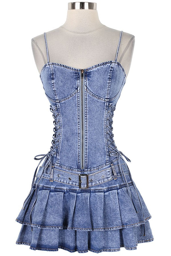 Women's Lace-Up Corset Tiered Ruffle Denim Mini Dress - photo 4