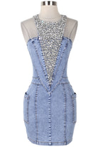 Women's Rhinestone Front Sleeveless Denim Bodycon Dress - photo 4