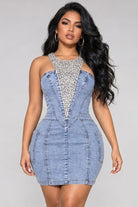 Women's Rhinestone Front Sleeveless Denim Bodycon Dress