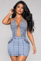 Women's light wash denim halter cut-out mini dress