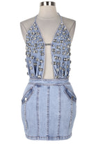 Women's light wash denim halter cut-out mini dress - front
