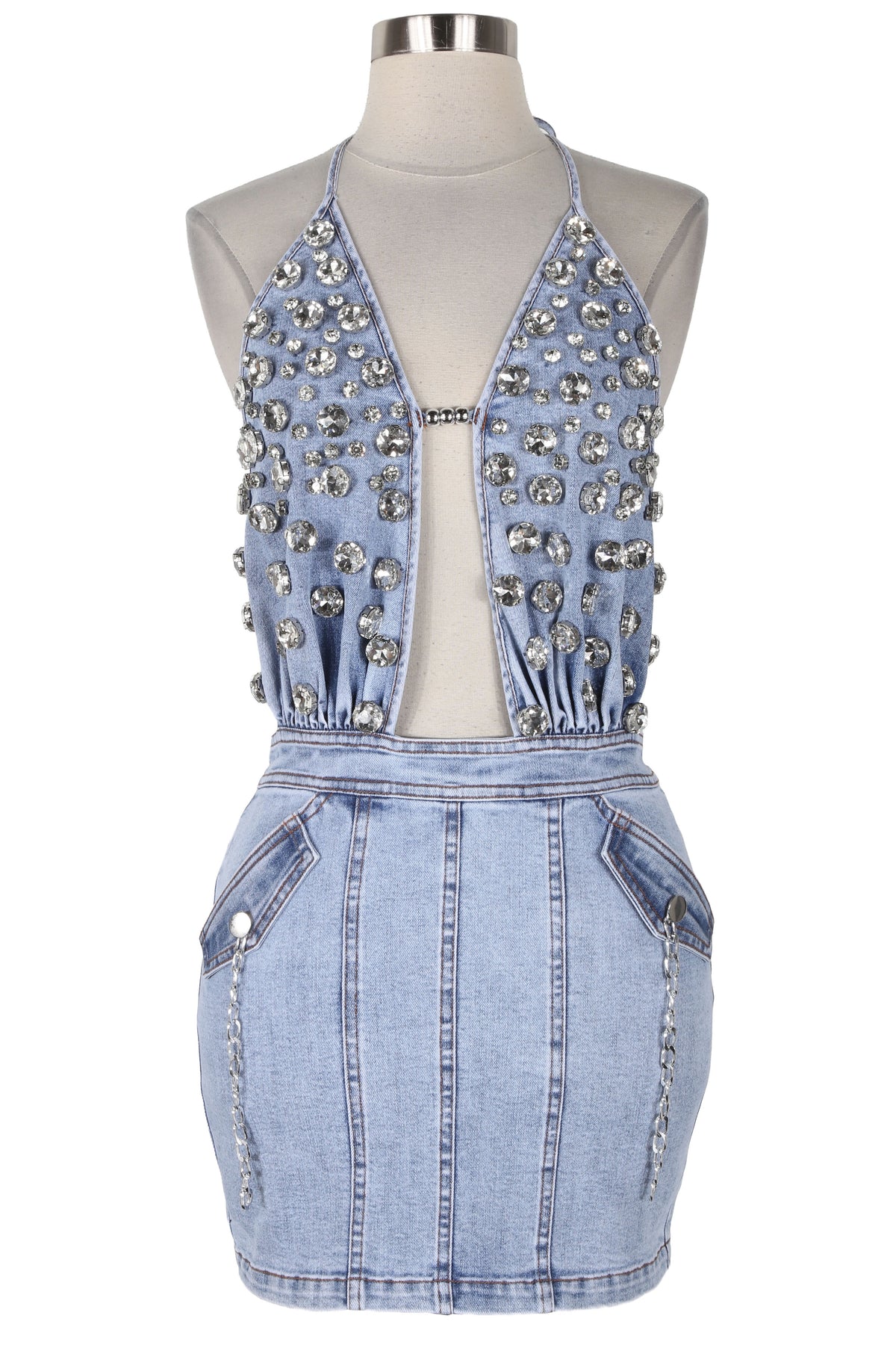Women's light wash denim halter cut-out mini dress - front