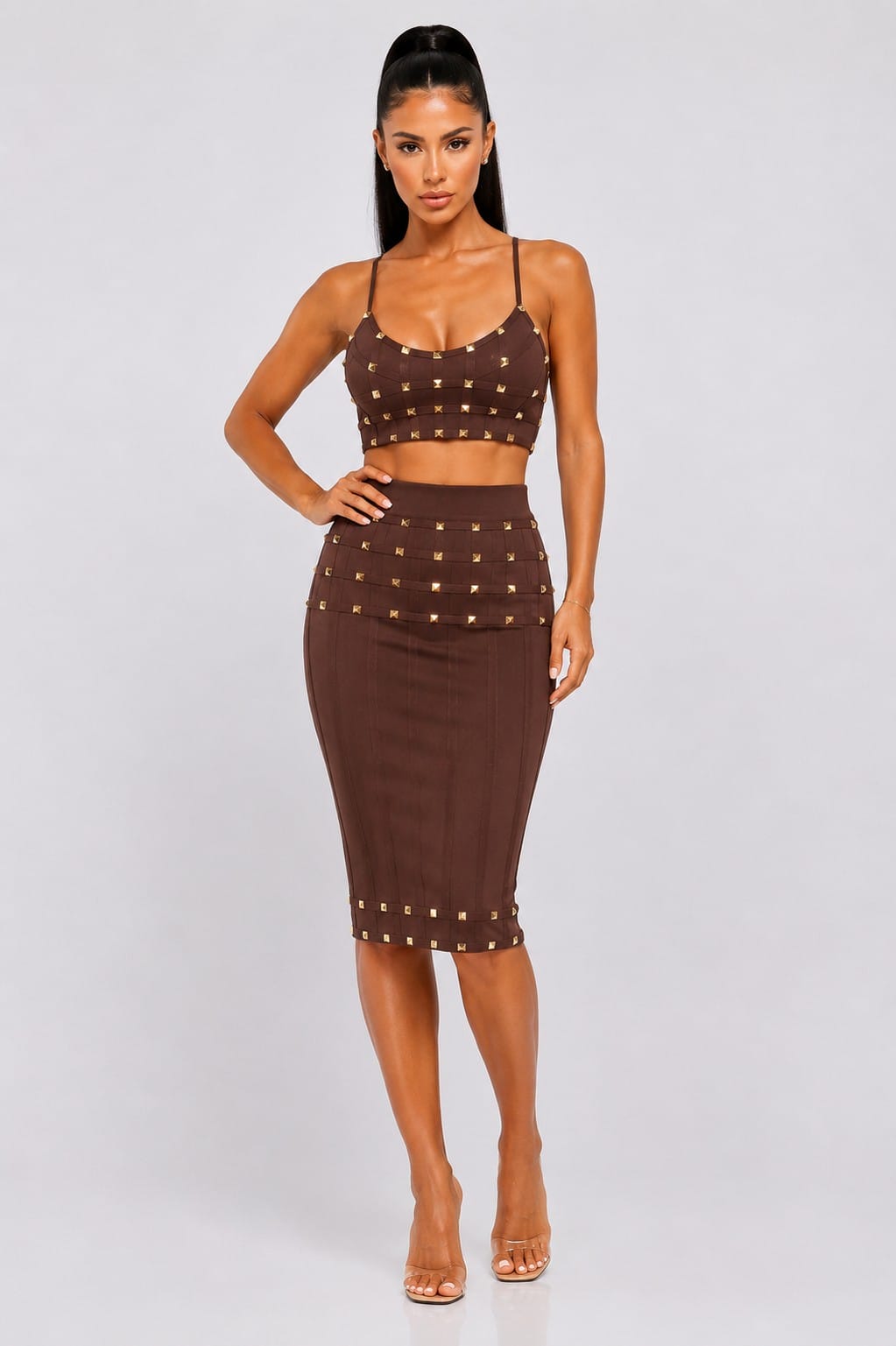 Women's Luxe Edge Studded Bandage Crop Top Mini Skirt Two Piece Set – side view