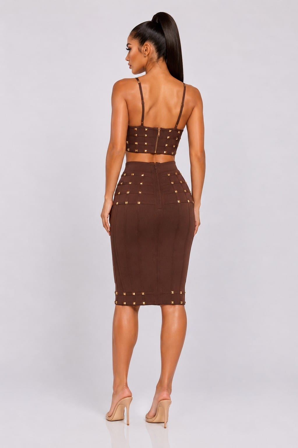 Women's Luxe Edge Studded Bandage Crop Top Mini Skirt Two Piece Set – back view