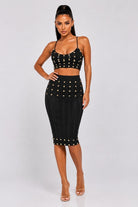 Women's Luxe Edge Studded Bandage Crop Top Mini Skirt Two Piece Set – front view