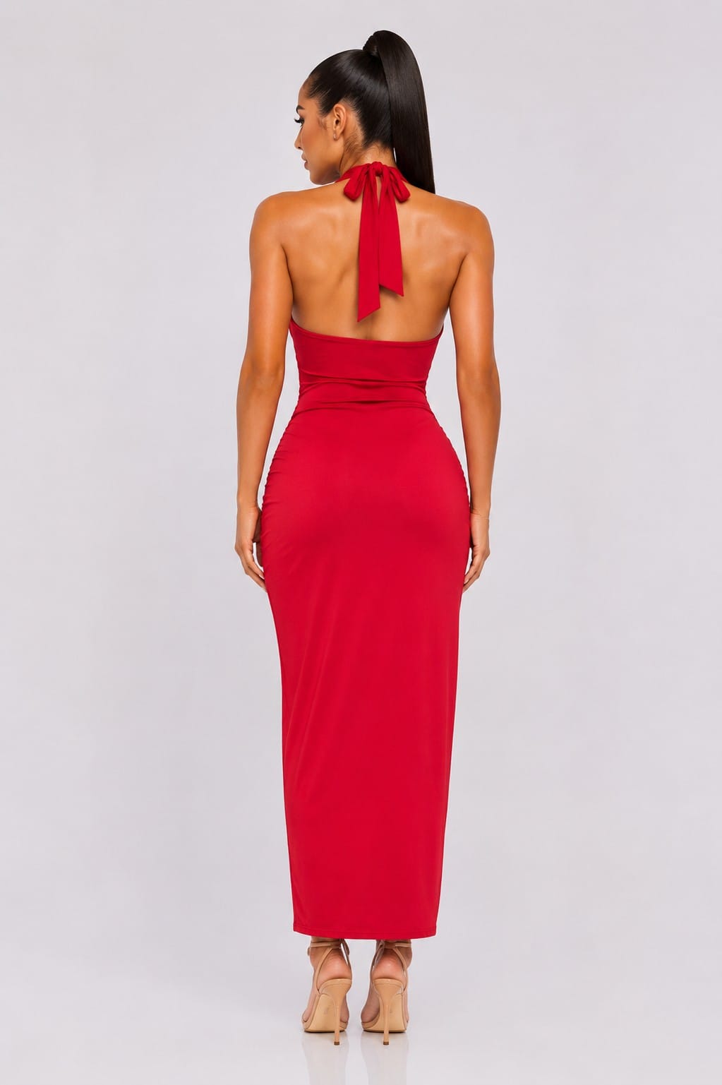 Women's Seraphina Cascade Halter Cowl Neck Draped High Slit Maxi Dress – full-length view