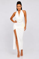 Women's Seraphina Cascade Halter Cowl Neck Draped High Slit Maxi Dress – side view