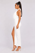 Women's Seraphina Cascade Halter Cowl Neck Draped High Slit Maxi Dress – back view