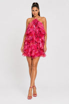 Women's Blooming Serenade Floral Applique Halter Tiered Ruffle Mini Dress – front view
