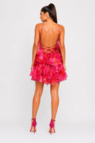 Women's Blooming Serenade Floral Applique Halter Tiered Ruffle Mini Dress – detail view