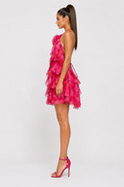 Women's Blooming Serenade Floral Applique Halter Tiered Ruffle Mini Dress – back view