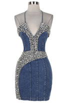 Women's Rhinestone Halter Denim Mini Dress - photo 4