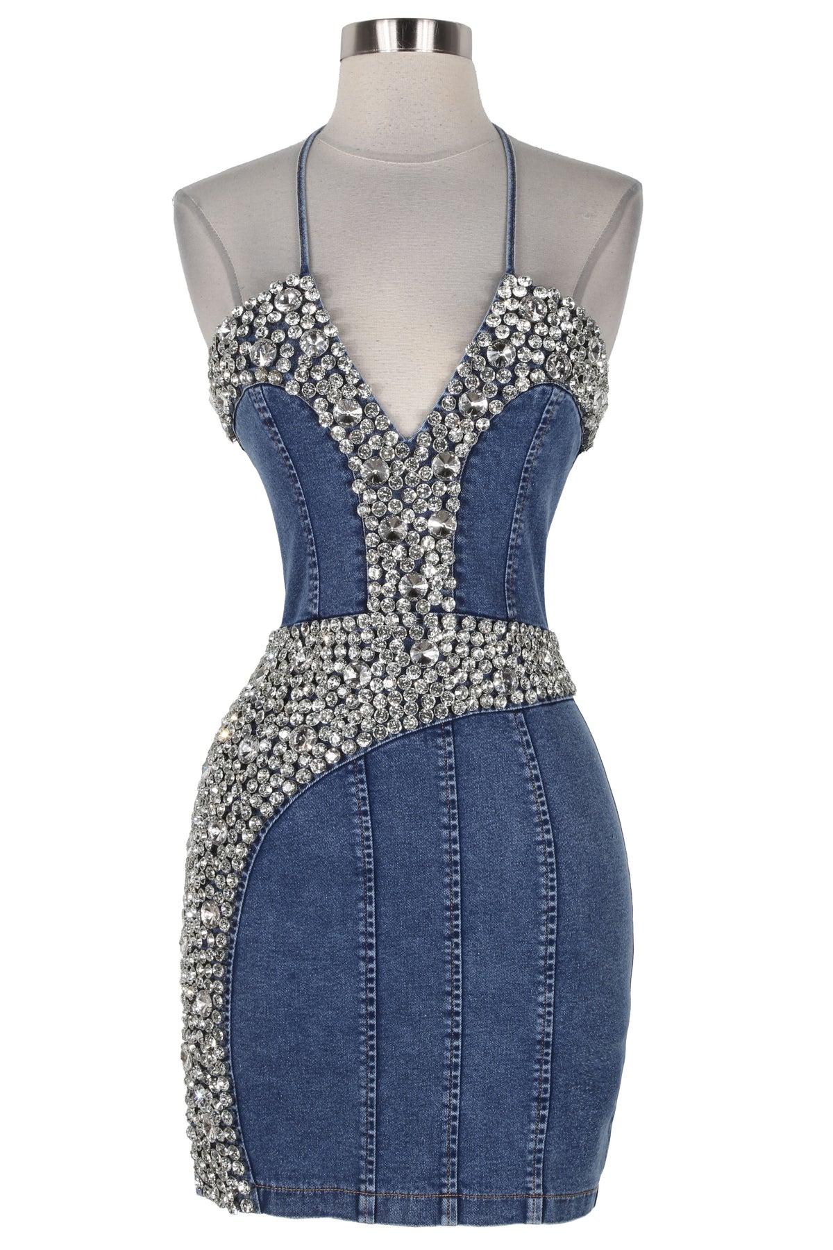 Women's Rhinestone Halter Denim Mini Dress - photo 4