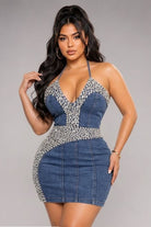 Women's Rhinestone Halter Denim Mini Dress