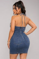Women's Rhinestone Halter Denim Mini Dress - photo 3