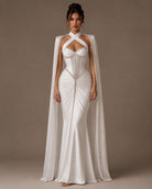 Women's white halter keyhole cape maxi dress