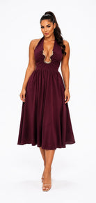 Women's Gilded Muse Gold Trim Halter Fit & Flare Midi Dress – side view