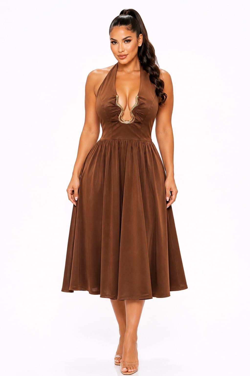 Women's Gilded Muse Gold Trim Halter Fit & Flare Midi Dress – front view