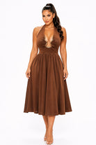 Women's Gilded Muse Gold Trim Halter Fit & Flare Midi Dress – front view