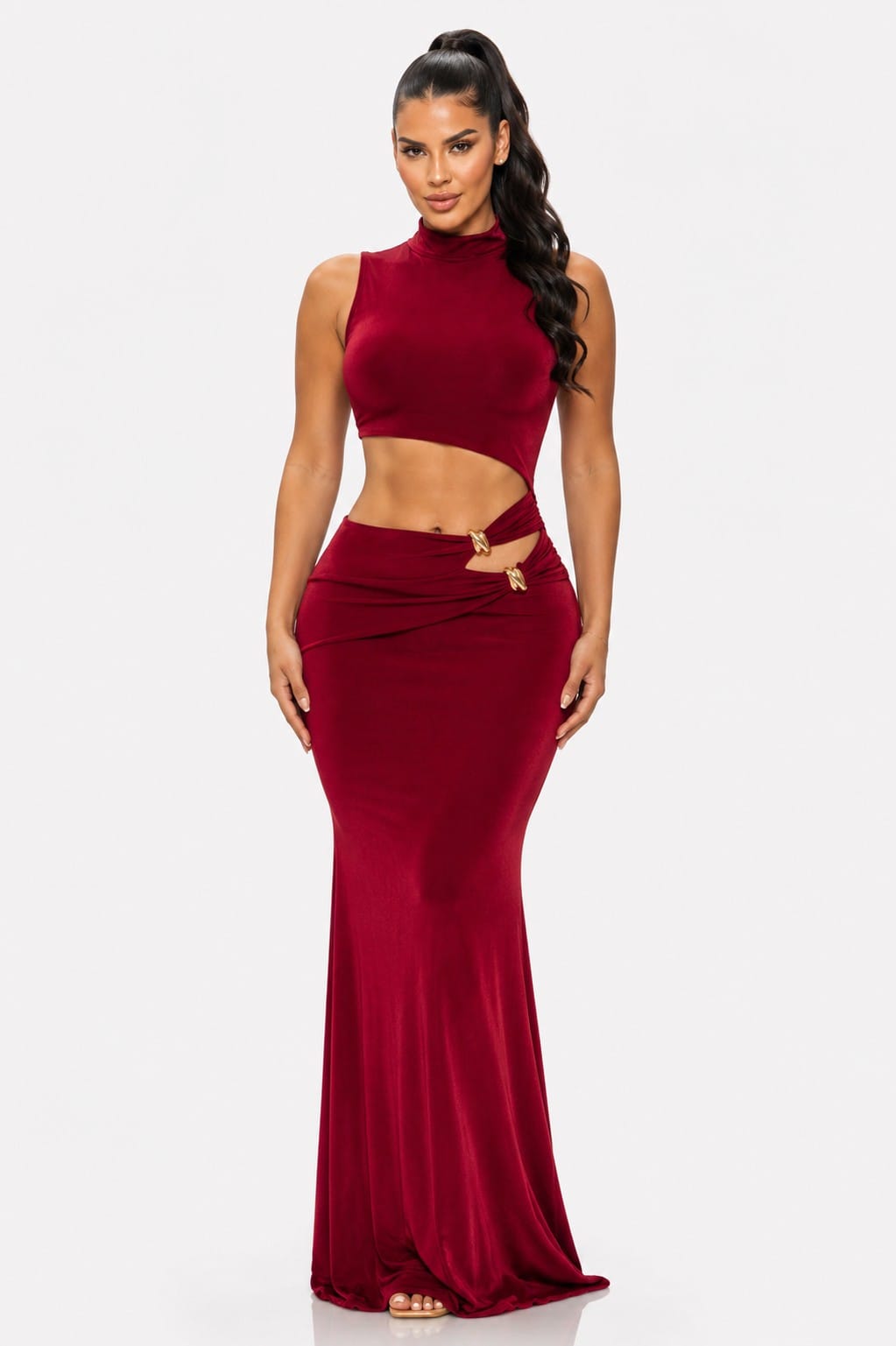 Women's Burgundy Sculpted Siren Cutout Mermaid Gown – front view