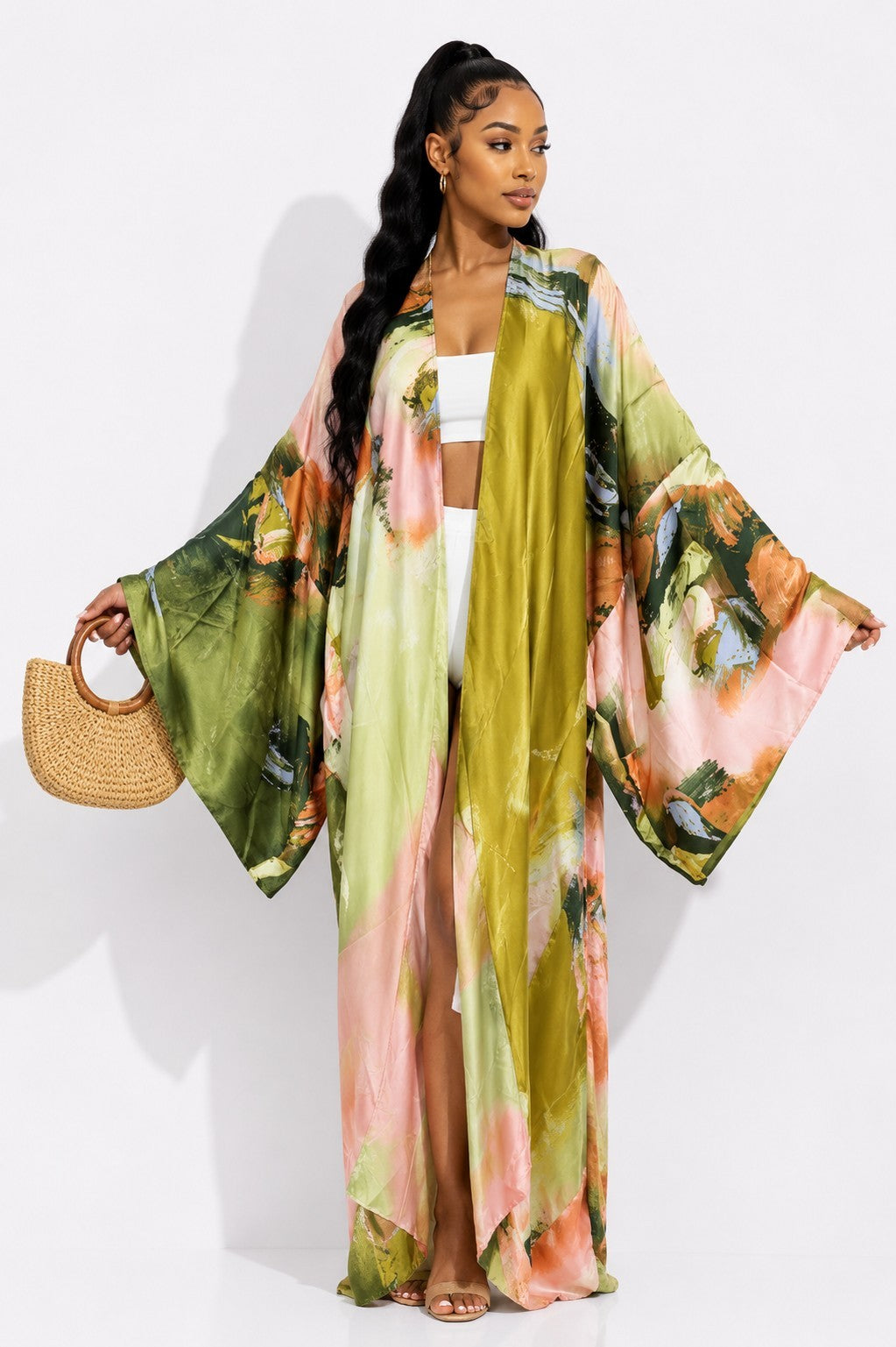 Women's multicolor print open front maxi kimono