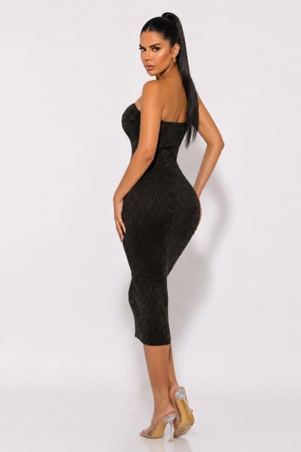 Women's Noir Étreinte Gold Lurex Knit Tube Midi Dress – back view