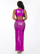 Women's Fuchsia Hologram Pu Metallic Top & High Waist Skirt Set – back view