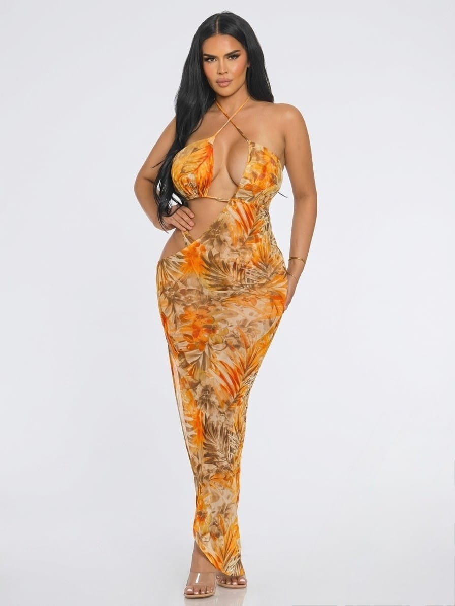Women's Mustard Printed Mesh Cover Up Dress & Matching Panty Set – front view