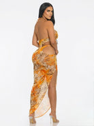 Women's Mustard Printed Mesh Cover Up Dress & Matching Panty Set – side view