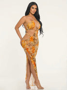 Women's Mustard Printed Mesh Cover Up Dress & Matching Panty Set – back view