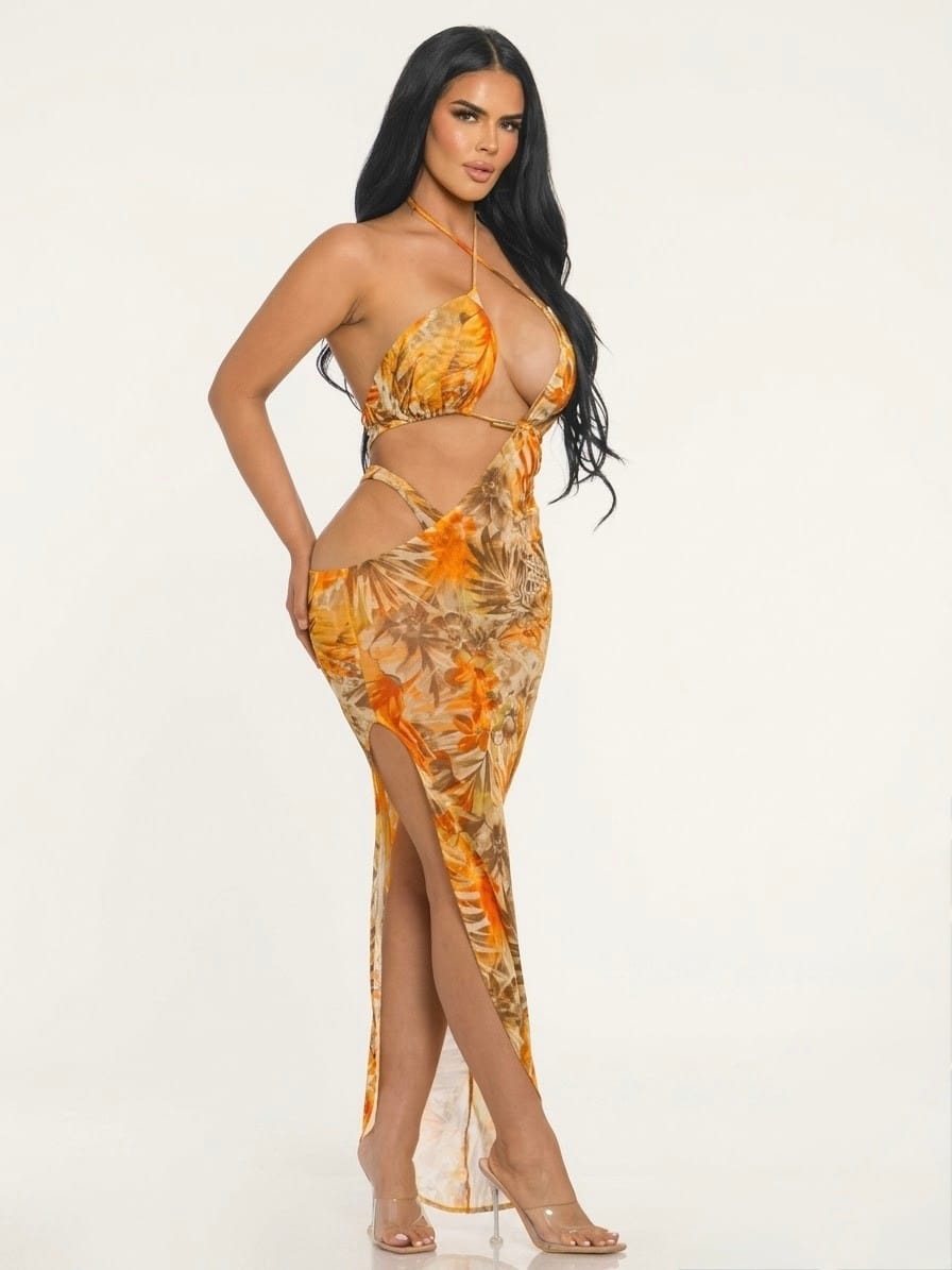Women's Mustard Printed Mesh Cover Up Dress & Matching Panty Set – back view