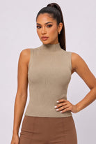 Women's Brown Lurex Ribbed Mock-Neck Knit Top – back view