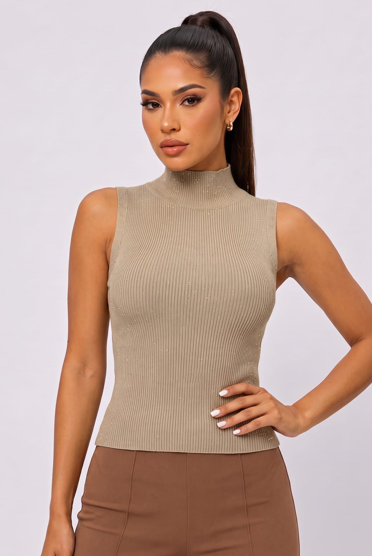 Women's Brown Lurex Ribbed Mock-Neck Knit Top – back view