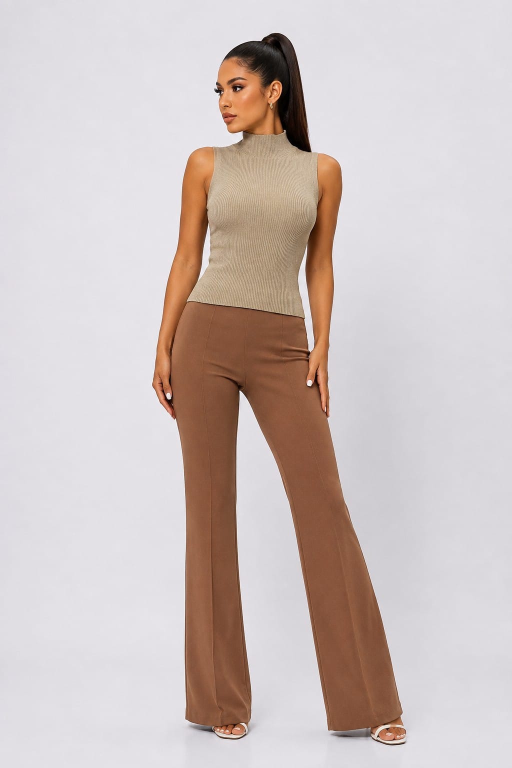 Women's Brown Lurex Ribbed Mock-Neck Knit Top – detail view