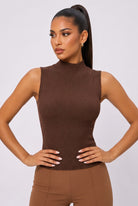 Women's Brown Lurex Ribbed Mock-Neck Knit Top – front view