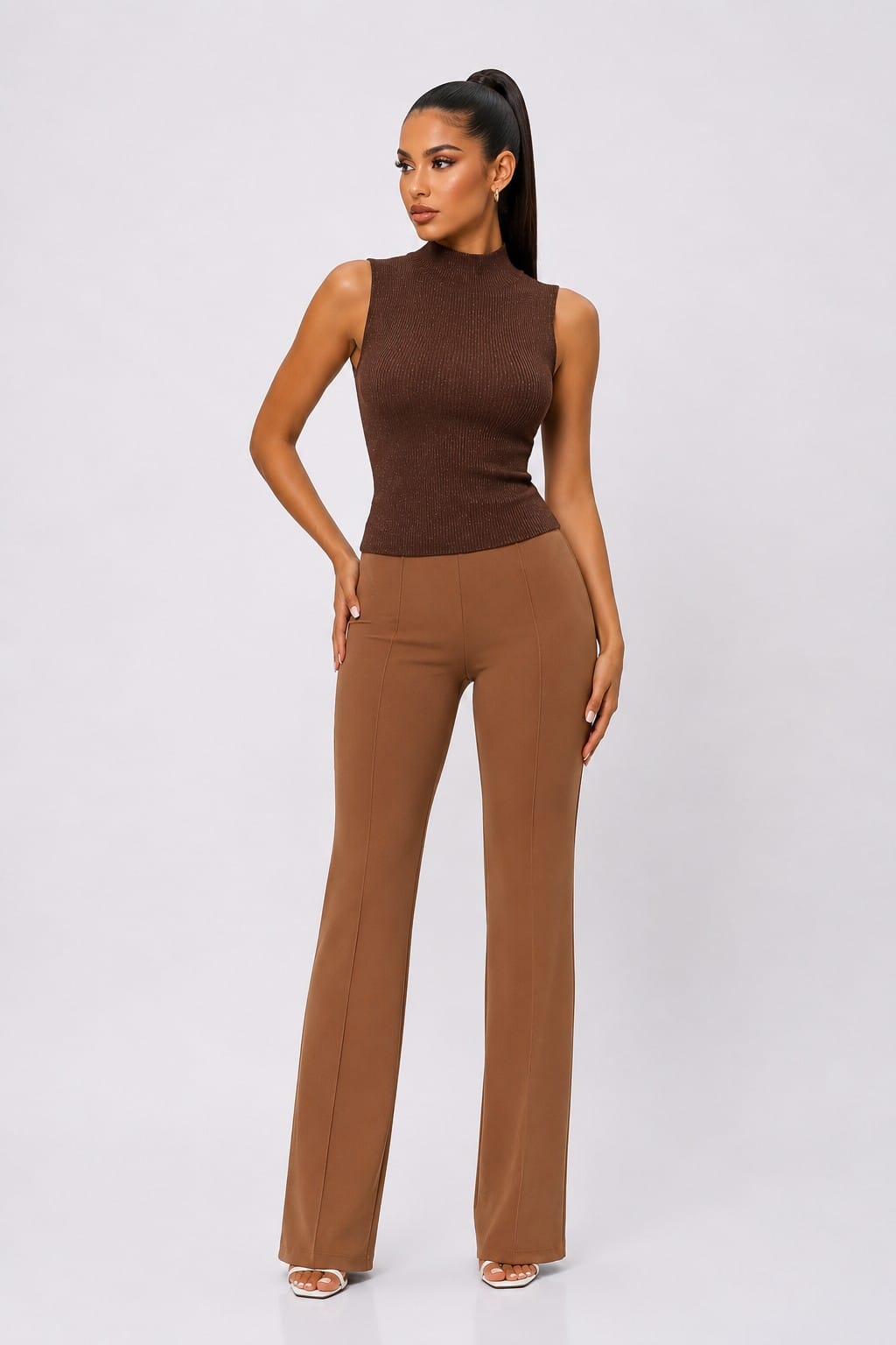 Women's Brown Lurex Ribbed Mock-Neck Knit Top – side view