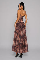 Women's Brown Sheer Corst Ruched Maxi Dress – side view