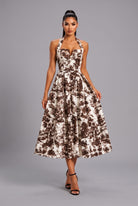 Women's Brown Vintage Garden Halter Sweetheart a-Line Midi Dress – front view